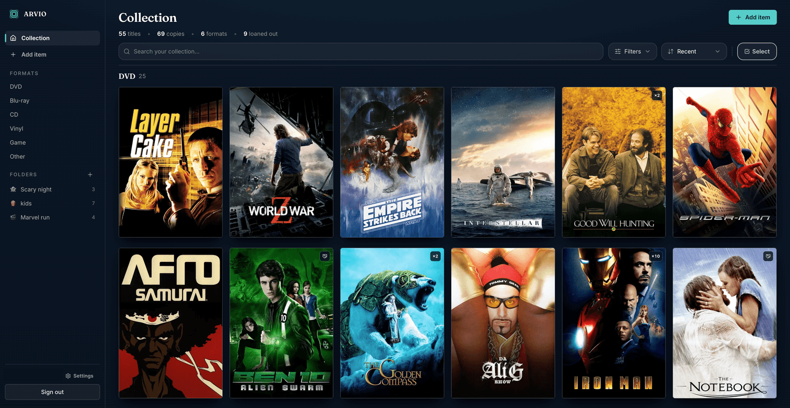 The ARVIO dashboard: a collection grid with cover art, search, filters, and folders