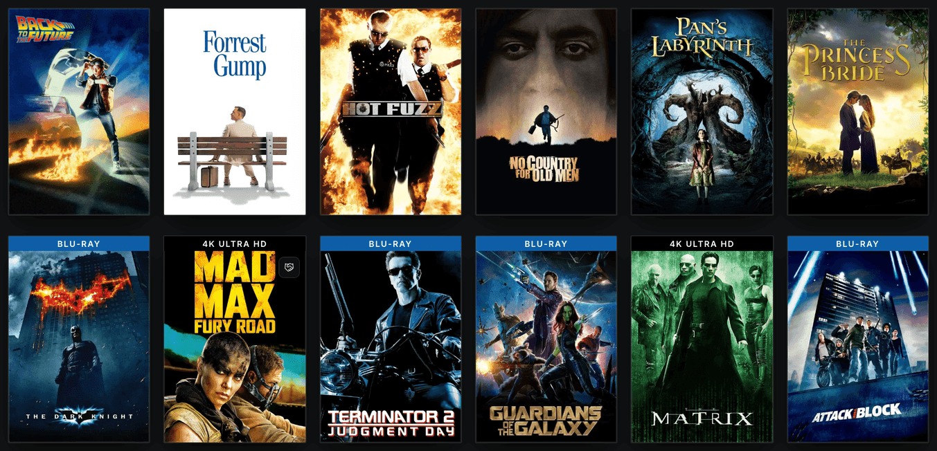 Twelve film covers in an ARVIO collection: six DVDs above six Blu-ray and 4K covers with their case bands.